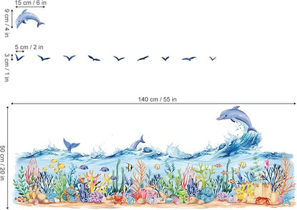 decalmile Under The Sea Seaweed Grass Wall Decals Dolphins Fish Ocean Wave Baseboard Skirting Line Wall Stickers Kids Bedroom Bathroom Wall Decor