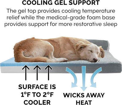 Furhaven Cooling Gel Dog Bed for Large/Medium Dogs w/ Removable Bolsters & Washable Cover, For Dogs Up to 55 lbs - Two-Tone Plush Faux Fur & Suede L Shaped Chaise - Stone Gray, Large