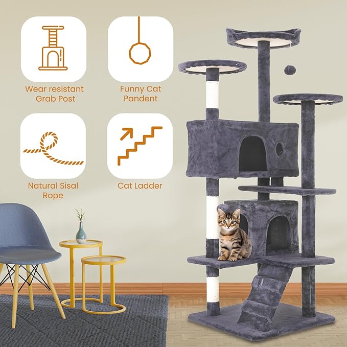 54.7" Ashy Cat Tower for Indoor Cats – Multi-Level Condo with Scratching Posts & Hanging Toys