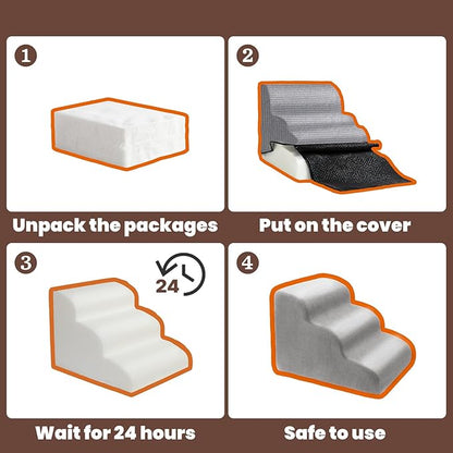 MEWANG Dog Stairs for Small & Medium Dogs and Old Cats –3/4/ 5 Steps High-Density Foam Pet Ramp for Bed & Couch, Non-Slip, Washable Cover, Grey (Round Corner, 3 Steps: 17.95''×14.96''×13.70'', 2)