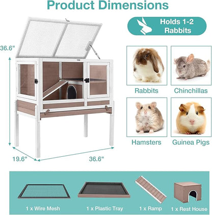 Guinea Pig Cage with Wooden Stand,Indoor Rabbit Hutch with 2 Stories,Hamster Cage with Anti Chew Ramp,Hideout, Platform, Pull Out Tray (Brown)