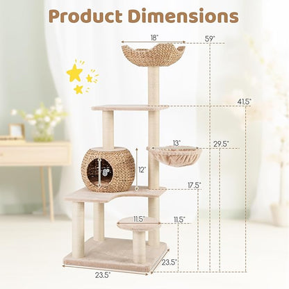 PETSITE 59 inch Cattail Cat Tree Tower, Multi-Level Cat Tower with Natural Sisal Scratching Posts, Condo, Basket, Top Perch and Jumping Platforms, Modern Tall Cat Tree for Indoor Cats