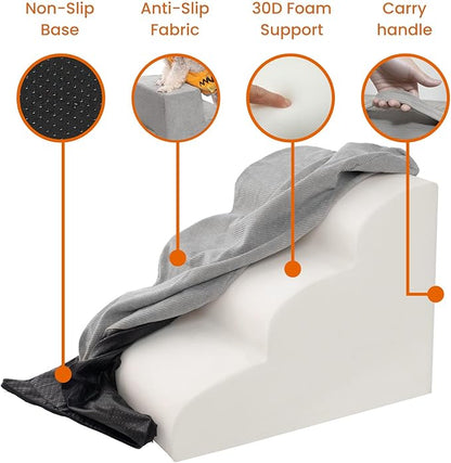 MEWANG Dog Stairs for Small & Medium Dogs and Old Cats –3/4/ 5 Steps High-Density Foam Pet Ramp for Bed & Couch, Non-Slip, Washable Cover, Grey (Round Corner, 5 Steps: 29.92''×22.83''×15.75'', 2)