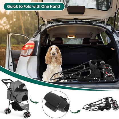 Pet Stroller,Dog Stroller for Small Medium Dogs Cats,3 Wheels,Foldable,with Breathable Mesh Canopy,Cup Holders,Easy Assembly,Grey