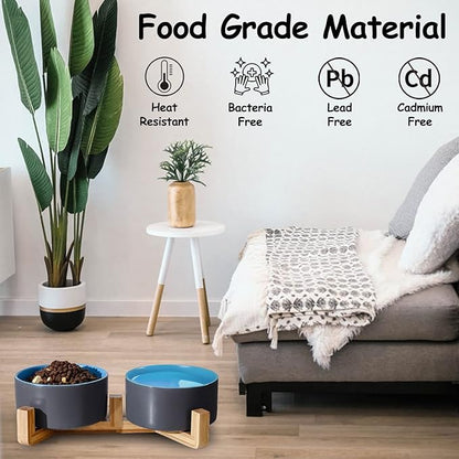 Petygooing Heavy 5.1 in Ceramic Cat Dog Bowls Set with Wood Stand for Food and Water, Non-Slip Cute Modern Pet Dish for Small Size Dogs and Cats (13.5OZ) Medium Sized Dogs (28OZ) Grey Blue