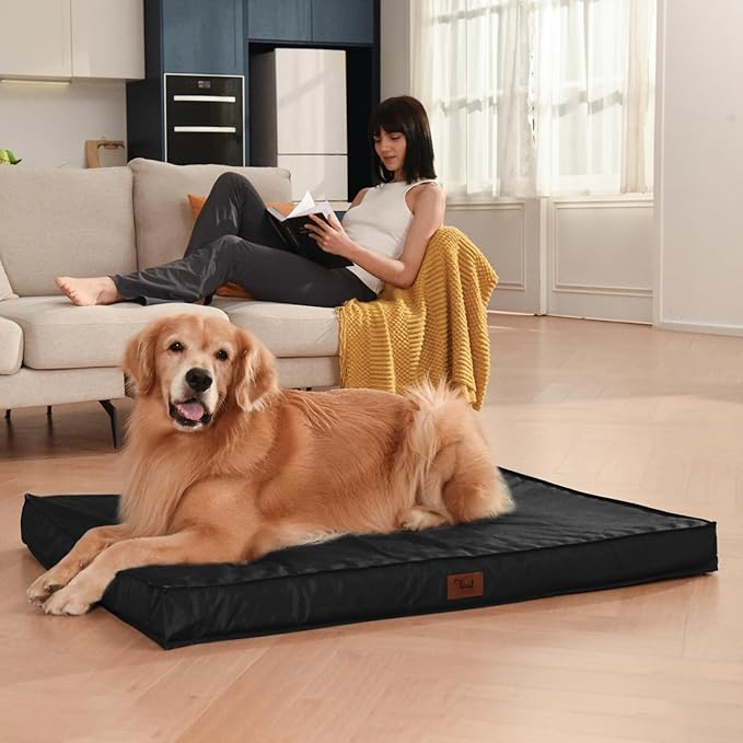 Outdoor Extra Large Dog Crate Bed, Big Waterproof Dog Bed for Large Dogs, Orthopedic Egg Foam Pet Bed Mat with Removable Cooling Cover, Black