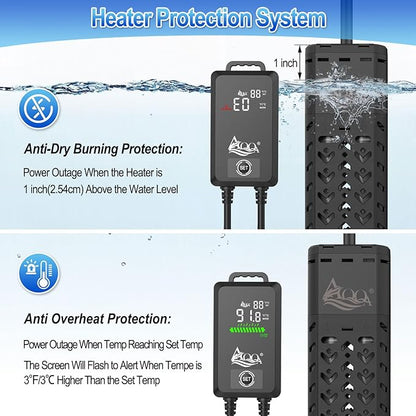 AQQA Aquarium Heater 500W for 55-130 Gallon Fish Tank Heater Quartz Glass Submersible Betta Fish Heater for Aquarium Thermostat Heater with External Digital Controller (AQ136-500W for 55-130Gal)