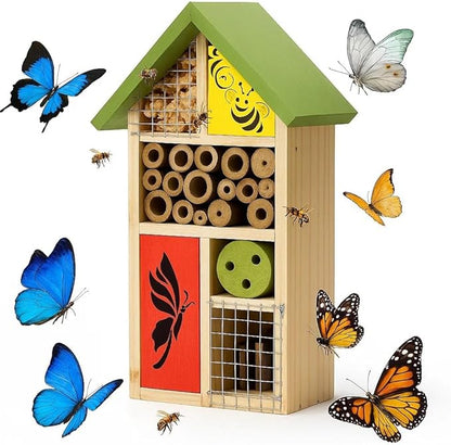 Premium Bug Hotel Kit Cedar Wood Insect Hotel Insect House - Backyard Bee House, Nesting Habitat Shelters, Garden Shelter for Bees, Butterflies, Bugs,Heavy Duty Thickness Colorful