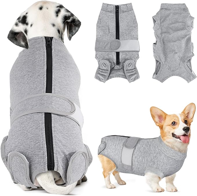 Lukovee Recovery Suit for Dogs, Zipper On Recovery Suit for Female Male Dog, Onesie Abdominal Wounds Cone E-Collar Alternative Prevent Licking Spay Recovery Suit (3XL, Grey)