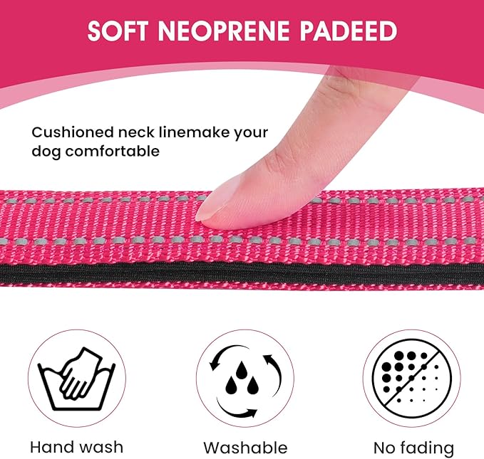 Reflective Dog Collar Padded with Soft Neoprene Breathable Quick Release Basic Dog Collars for Large Dogs Hot Pink Girl