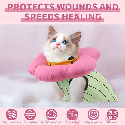 EMUST 2PCS Cat Recovery Suit and Cone Collar - Breathable Spay Suit, Adjustable Soft E Collar Alternative for Cats After Surgery - Green, L (8-16lb)