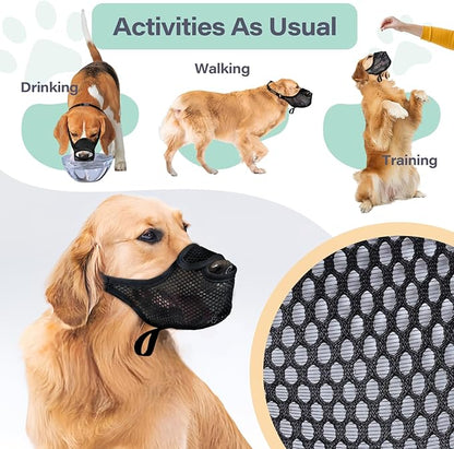 LUCKYPAW Dog Muzzle for Large Medium Small Dogs, Patented Mesh Muzzle to Prevent Biting Chewing Eating, Soft Mouth Guard with Front Opening Design for Drinking Panting(Black, L)