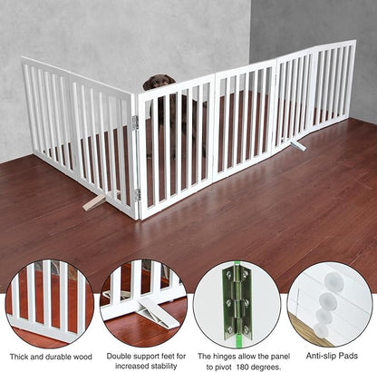 ZJSF Freestanding Indoor Dog Gate for House Foldable Wood White Puppy Gate for Doorways Pet Gate for Stairs Extra Wide Pet Fence 32" Height 6 Panels