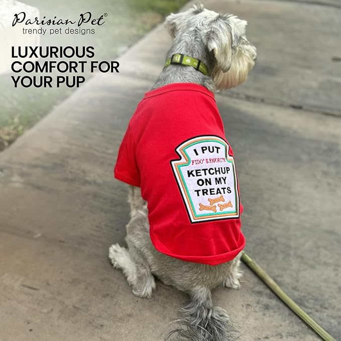 Parisian Pet Dog Shirt - Embroidered “I Put Ketchup on My Treats“ - 100% Cotton and Polyester Dog Clothes - Sleeved, Lightweight Costume for Dogs - Red Dog Shirts for Large Dogs - Pet Costumes 2XL