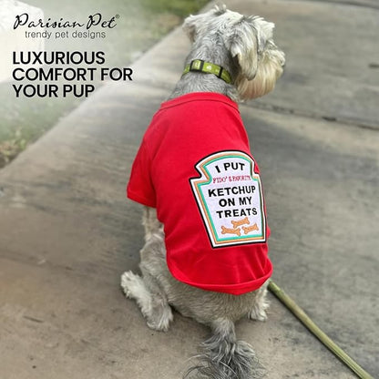 Parisian Pet Dog Shirt - Embroidered “I Put Ketchup on My Treats“ - 100% Cotton and Polyester Dog Clothes - Sleeved, Lightweight Costume for Dogs - Red Dog Shirts for Large Dogs - Pet Costumes 2XL