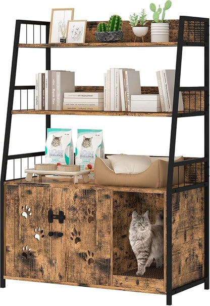Recaceik Large Cat Litter Box Enclosure with Shelf Storage, Hidden Cat Washroom Furniture, Wooden Cat House with Scratch Pad, Sturdy Indoor Cat Cabinet with 2 Doors, Rustic Brown