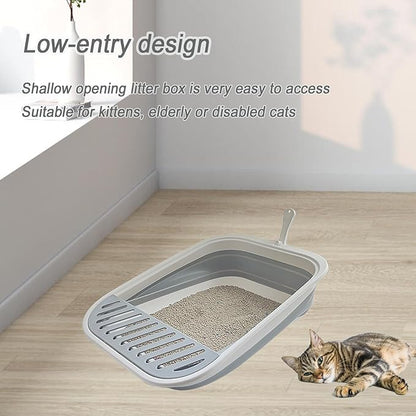 Collapsible Small Cat Litter Box for Kittens Open Potty Pan Travel Foldable Waterproof Shallow Anti-Splash Removable Semi-Enclosed Kitten Kitty Puppy Small Animals Senior Pet (Pink)