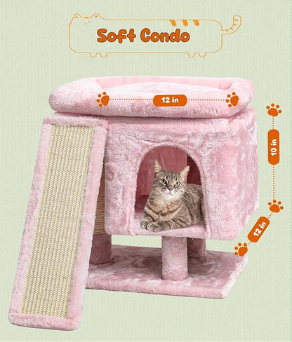 SYANDLVY Small Pink Cat Tree with Perch for Indoor Cats, Cat Tower with Scratching Post, Modern Activity House for Large Cats, Condo with Board, Kittens Cave