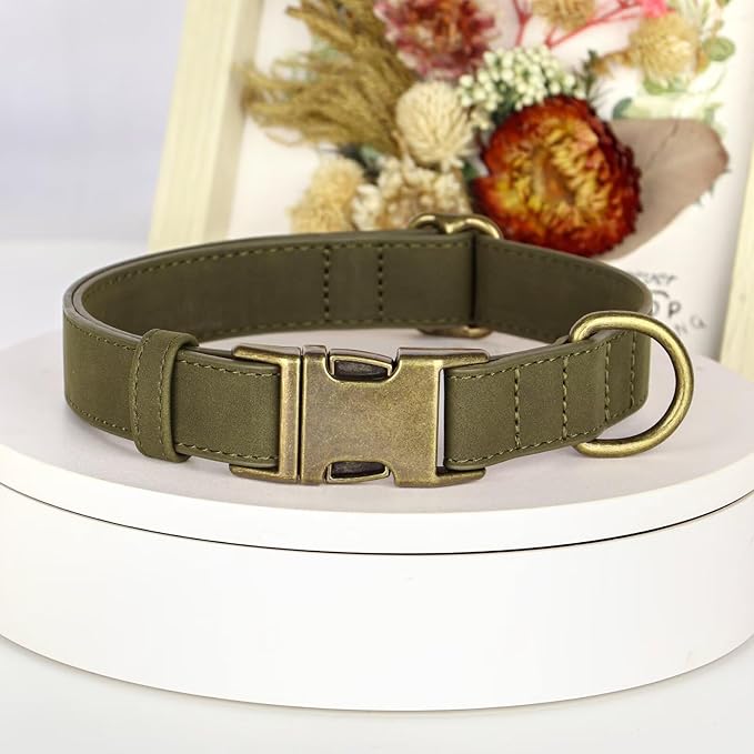Didog Soft PU Leather Dog Collar, Stylish Quick Released Dog Collar for Large Dogs, Easy Clean Adjustable Pet Collar for Daily Walking, Dark Green, L Fit 15-23" Neck