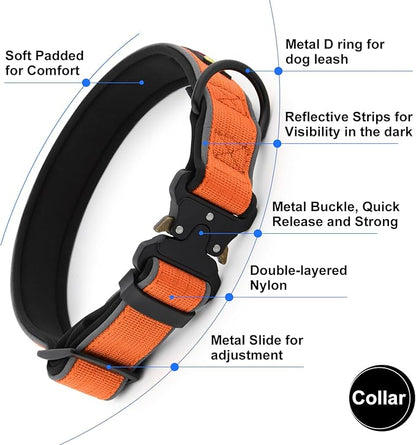 Plutus Pet Tactical Dog Collar, Reflective, Adjustable Heavy Duty Dog Collar, Soft Padded and Comfortable, for Small Medium and Large Dogs (Orange, XL)
