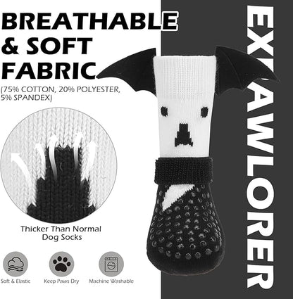 EXPAWLORER Halloween Anti Slip Dog Socks to Prevent Licking Paws, Boots & Paw Protectors with Grippers,Doggie Booties for Hardwood Floors for Small Medium Large Senior Dogs Costume White Ghost Wings S