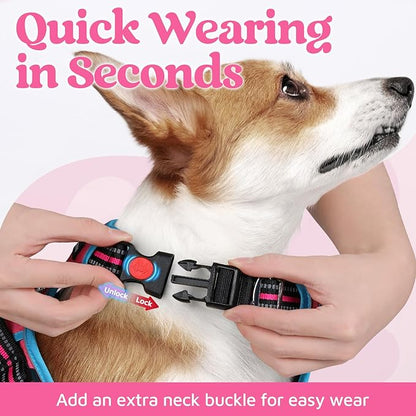 rabbitgoo Dog Harness for Large Dogs, No Pull Pet Vest with 3 Buckles, Adjustable Soft Padded Pet Harness with Easy Control Handle and Reflective Strips, Rose Pink & Blue, XL