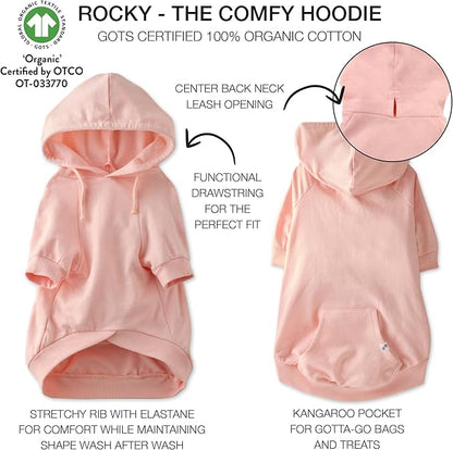 Rocky – The Orginal Lightweight Hooded TEE 100% Organic Cotton Dog Hoodie Pet Coat Sweater for Small, Medium, Large Dogs, Pink, X-Small