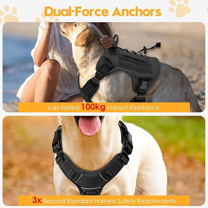 Heavy-Duty Tactical Dog Harness for Large Dogs, No Pull Adjustable Reflective Pet Vest with Molle System, K9 Military-Grade Control for Service Training, Outdoor & 10+ Breeds, Black, X-Large