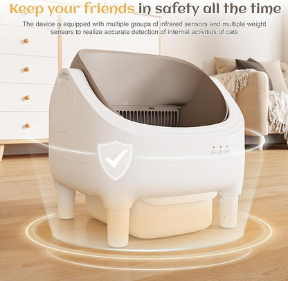 Greesum Automatic Self-Cleaning Litter Box for Cats - Open-Top Design, Easy Odor Control, Smart APP Control, 15L Large Waste Bin, Includes Trash Bags & Mat (Brown)