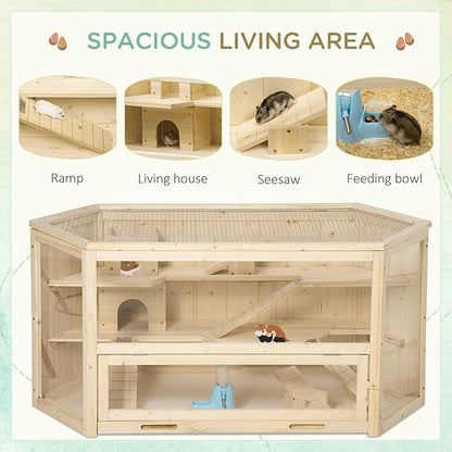 PawHut Wooden Large Hamster Cage Small Animal Exercise Play House 3 Tier with Tray, Seesaws, Water Bottle, Activity Center, Natural