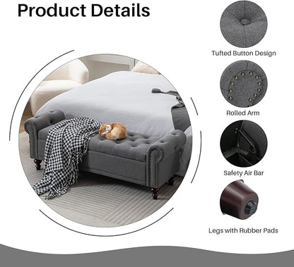 58.1'' Storage Bench Upholstered Linen End of Bedroom Bed Bench Ottoman with Tufted Cushioned Rolled Arm Large Storage Space for Reading Living Room Entryway, Grey
