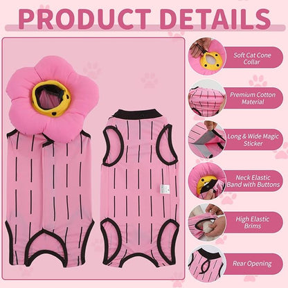 EMUST 2PCS Cat Recovery Suit and Cone Collar - Female, Breathable Cotton, Adjustable Soft E Collar Alternative for Cats 8-16lb (Pink, L)
