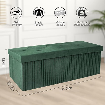 Storage Ottoman Bench, 43 Inch Foldable Ottoman with Legs, Velvet Foot Rest Stool, End of Bed Bench, Storage Chest for Living Room, Bedroom (Green)