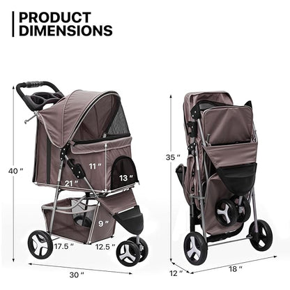MoNiBloom Foldable Dog Strollers for Small Dogs with Weather Cover, 3 Wheels Pet Strolling Cart for Dogs and Cats with Storage Basket and Cup Holder, Breathable and Visible Mesh for All-Season, Coffee