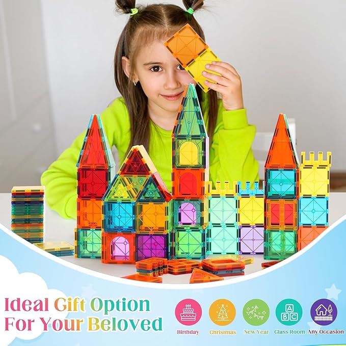32-Pack Magnetic Tiles–Rainbow Builder Set, 2.95in STEM Construction Kit with Transparent Windows, Expand Creative Play for Kids