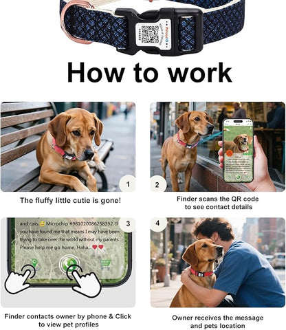 Dog Collar with Waterproof AirTag Holder & Anti-Lost QR Code, Cute Bling Warpping Adjustable Width for Small Medium Large Pet (Blue, L)