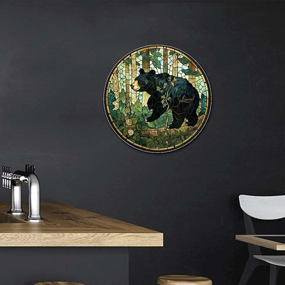 Lygond Metal Sign Tin Sign Circular Stained Glass American Black Bear Minimalist Wall Art for Garage 8×8 Inches