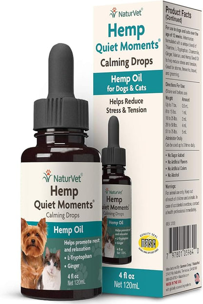 NaturVet – Hemp Quiet Moments Calming Drops - 4 oz – Enhanced with Hemp Seed Oil, L-Tryptophan & Ginger – Helps Reduce Stress & Promote Relaxation – for Dogs & Cats