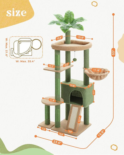 PEQULTI 53'' Cat Tree for Indoor Cats, Large Condo, Sisal Scratching Posts, Hammock & Perch, Fresh Cactus Design, Sturdy, Multi-Level