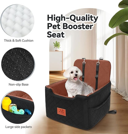 Dog Car Seat for Small/Medium Dogs Under 35lbs,Memory Foam Dog Booster Seats,Detachable and Washable Traval Pet Car Seat, Dogs Bed with 2 Safety Belts(Balck/Brown)