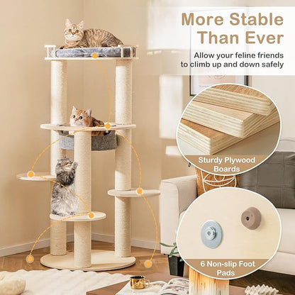 Tangkula Wood Cat Tree, 59 Inch Multi-Level Cat Tower with Top Padded Perch, Hammock, 3 Platforms & Sisal Scratching Posts, Large Modern Cat Tree Tower for Indoor Cats Kittens (59 Inch)
