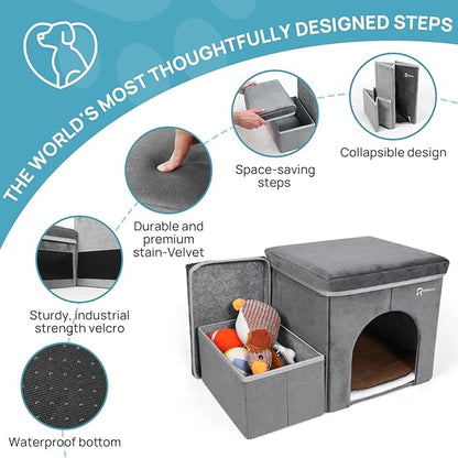 Foldable Pet Stairs for Beds & Sofas - Non-Slip Dog Steps with Storage for Small to Medium Dogs & Cats, Supports up to 120 lbs - Durable 2 & 3-Step Doggie Ladder for Easy Access