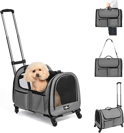 Large Pet Carrier with Wheels, Foldable Rolling Dog Carrier with Wheels and Big Pocket, Cat Rolling Bag 21"x13"x13" for 2 Cats &Dogs, for Travel, Outdoor, Vet Visits, Camping, Indoor. Gray