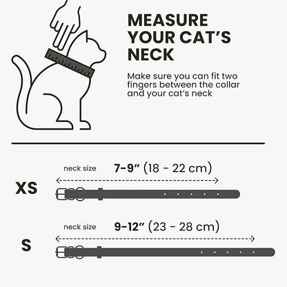 BRONZEDOG Leather Cat Collar with Removable Bells Non Breakaway Kitten QR Tag for Girl Boy (9" - 12" Cats/Mini Dogs, Black & Silver)