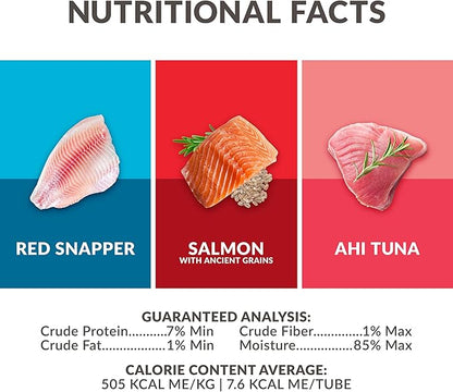 Lickable Cat Treats Exotic Fish Variety Pack 12ct - Ahi Tuna, Wild Pink Salmon, Red Snapper - Puree Bisque