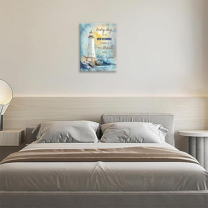 Ocean Lighthouse Pictures Wall Art, Coastal Nautical Bathroom Wall Decor Every Day is a New Beginning Motivational Quote Framed Painting Canvas Artwork for Bedroom Living Room Decorations 20"L x 16"W