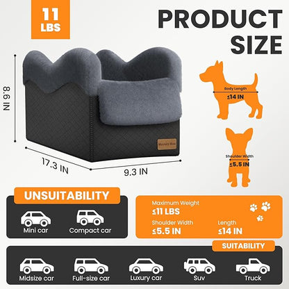 Portable Small Dog Seat for Car(Up to 11LB),Luxury Center Console Dog Car Seat Booster with Safety Tethers,Auti-Collapse Pet Travel Carrier for SUV,Truck.(Black/Grey)