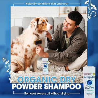 Sit. Stay. Forever. Dry Shampoo for Dogs & Cats – Organic Dry Bath Powder, Talco para Perros, Hypoallergenic, Odor Control for Smelly Dogs, No-Rinse, Anti-Itch, Safe & Natural, Made in The USA, 7 oz