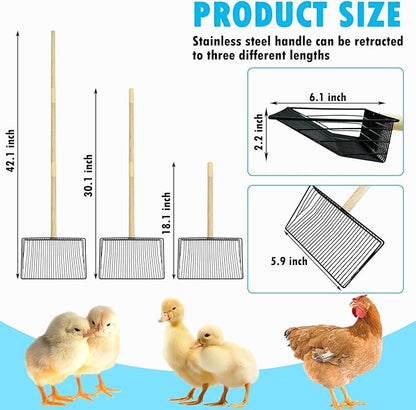 PINVNBY Stainless Steel Chicken Poop Scooper 3 in 1 Adjustable Wooden Handle Poop Scooper for Chicken(18.1" to 42.1")Multifunctional Chicken Coop Cleaning Tools Sifting Shovel Chicken Coop Accessories