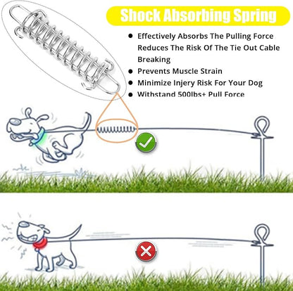 Jenico Dog Tie Out Cable, 10/15/20/30/40/50/70/100/150FT Runner Cable with Swivel Hook and Shock Spring, Outdoor and Camping Dog Leash Run Tether for Small to Medium Pets Up to 500 LBS